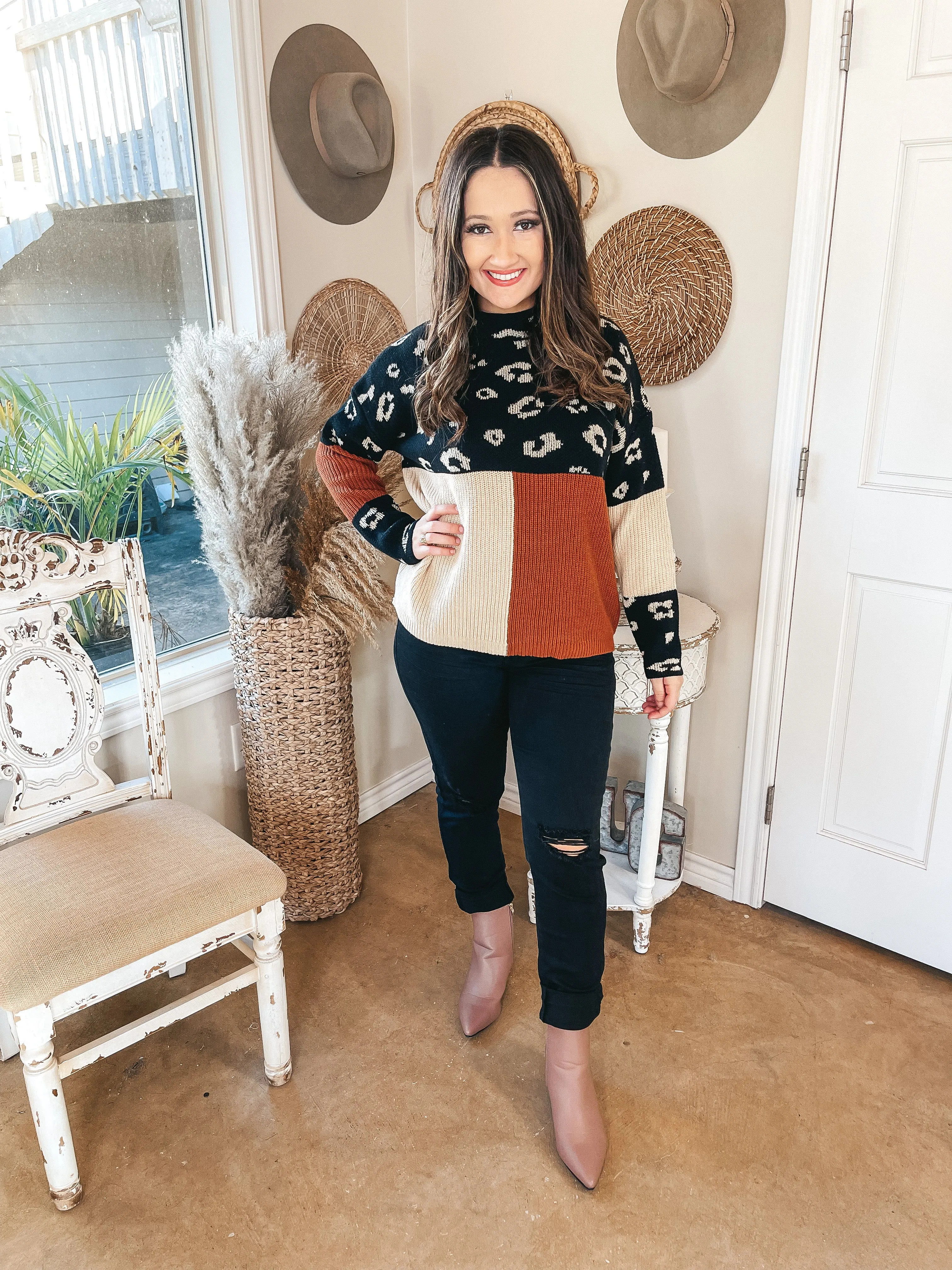 Just Warming Up Leopard Print Color Block Knit Pullover Sweater in Black & Rust