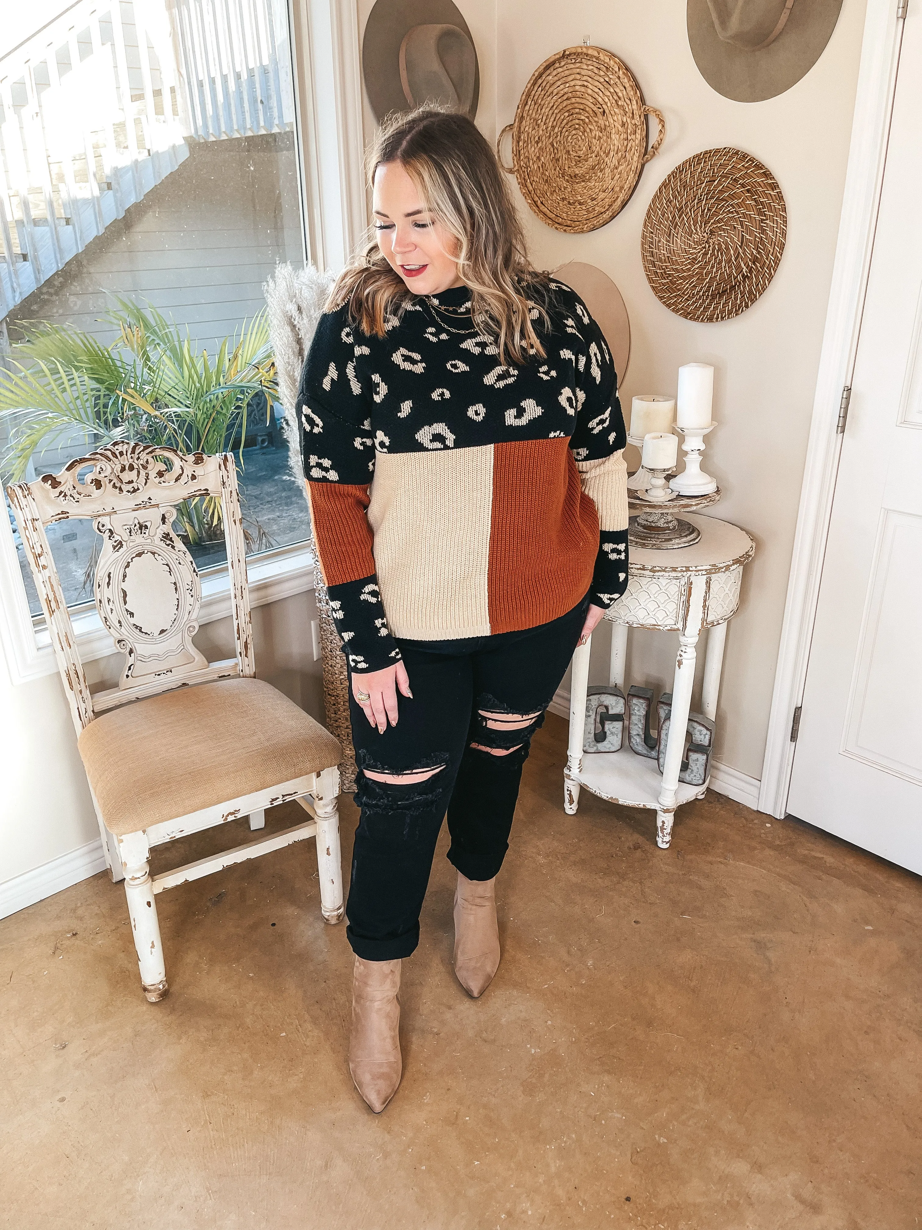 Just Warming Up Leopard Print Color Block Knit Pullover Sweater in Black & Rust