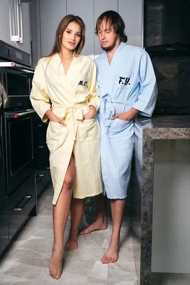 Mr and Mrs Custom Waffled Cotton Long Bathrobes for Anniversary Gift - Vinyl