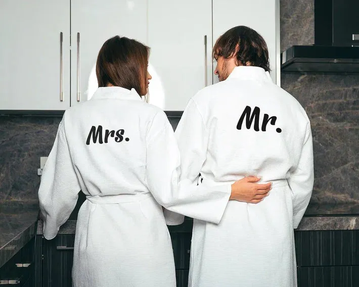 Mr and Mrs Custom Waffled Cotton Long Bathrobes for Anniversary Gift - Vinyl