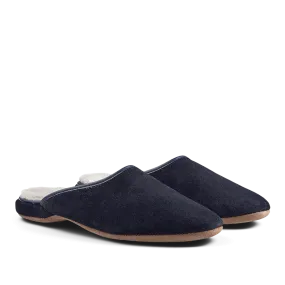 Navy Blue Suede Sheepskin Open Slippers