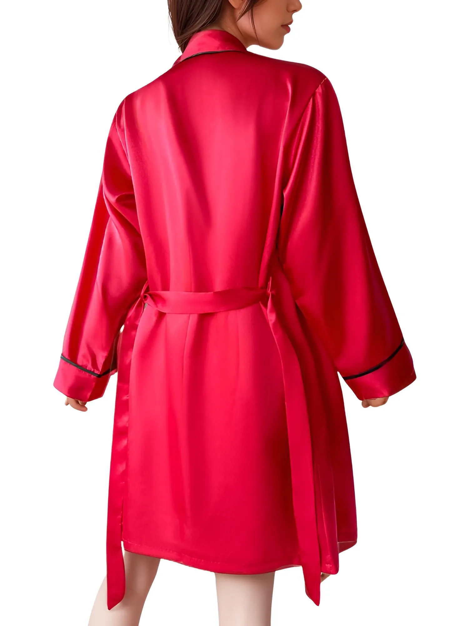 Satin Pajama Set Long Sleeve Belted Robe   Cami Top And Shorts Women's Sleepwear