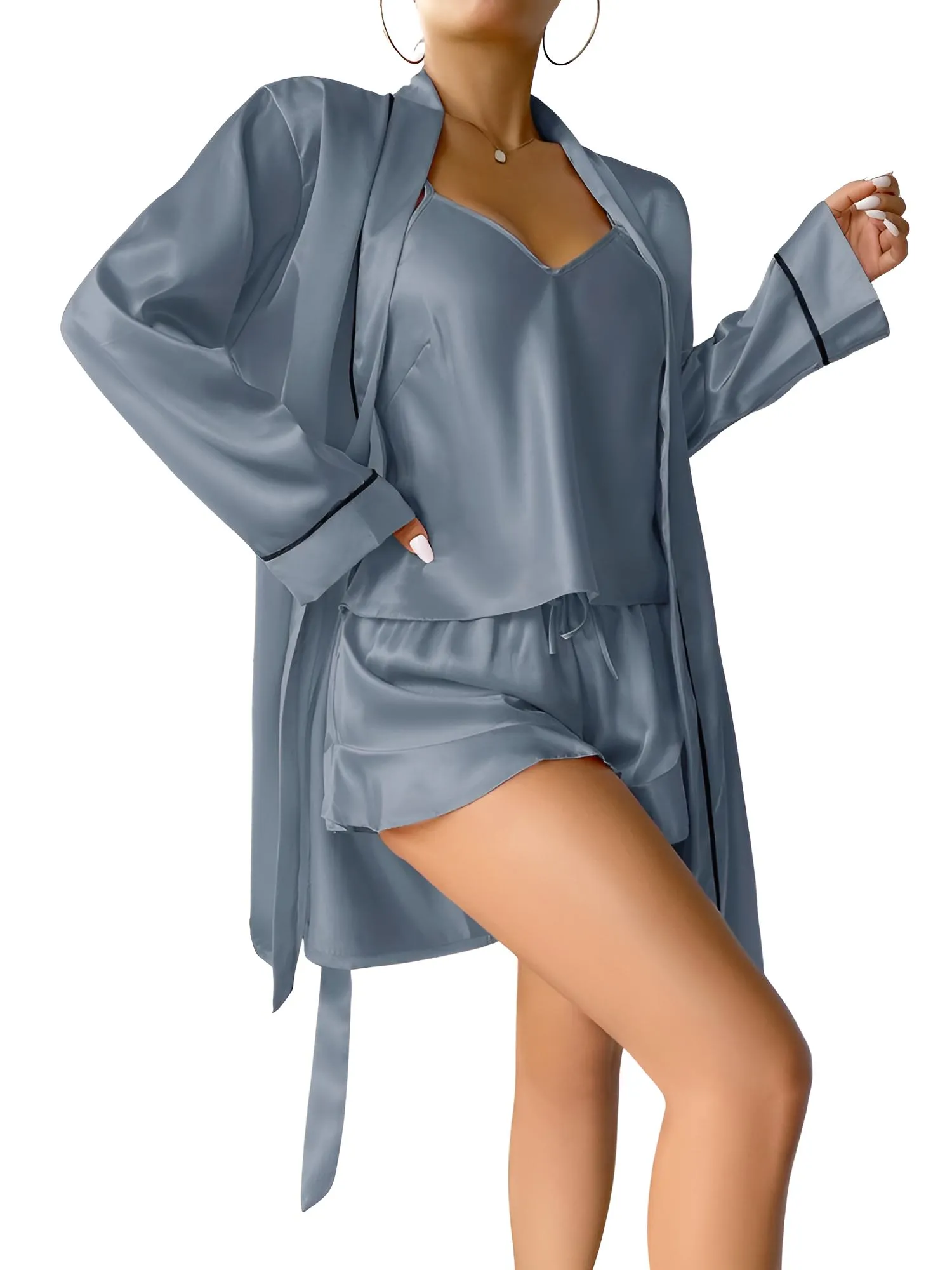Satin Pajama Set Long Sleeve Belted Robe   Cami Top And Shorts Women's Sleepwear