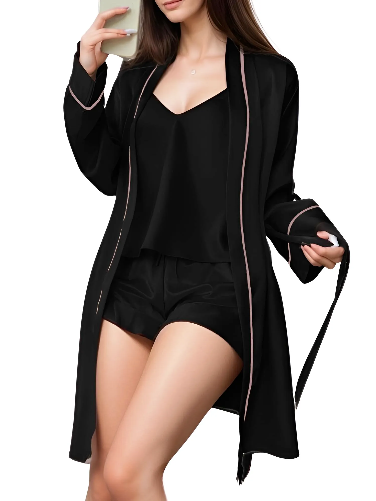 Satin Pajama Set Long Sleeve Belted Robe   Cami Top And Shorts Women's Sleepwear