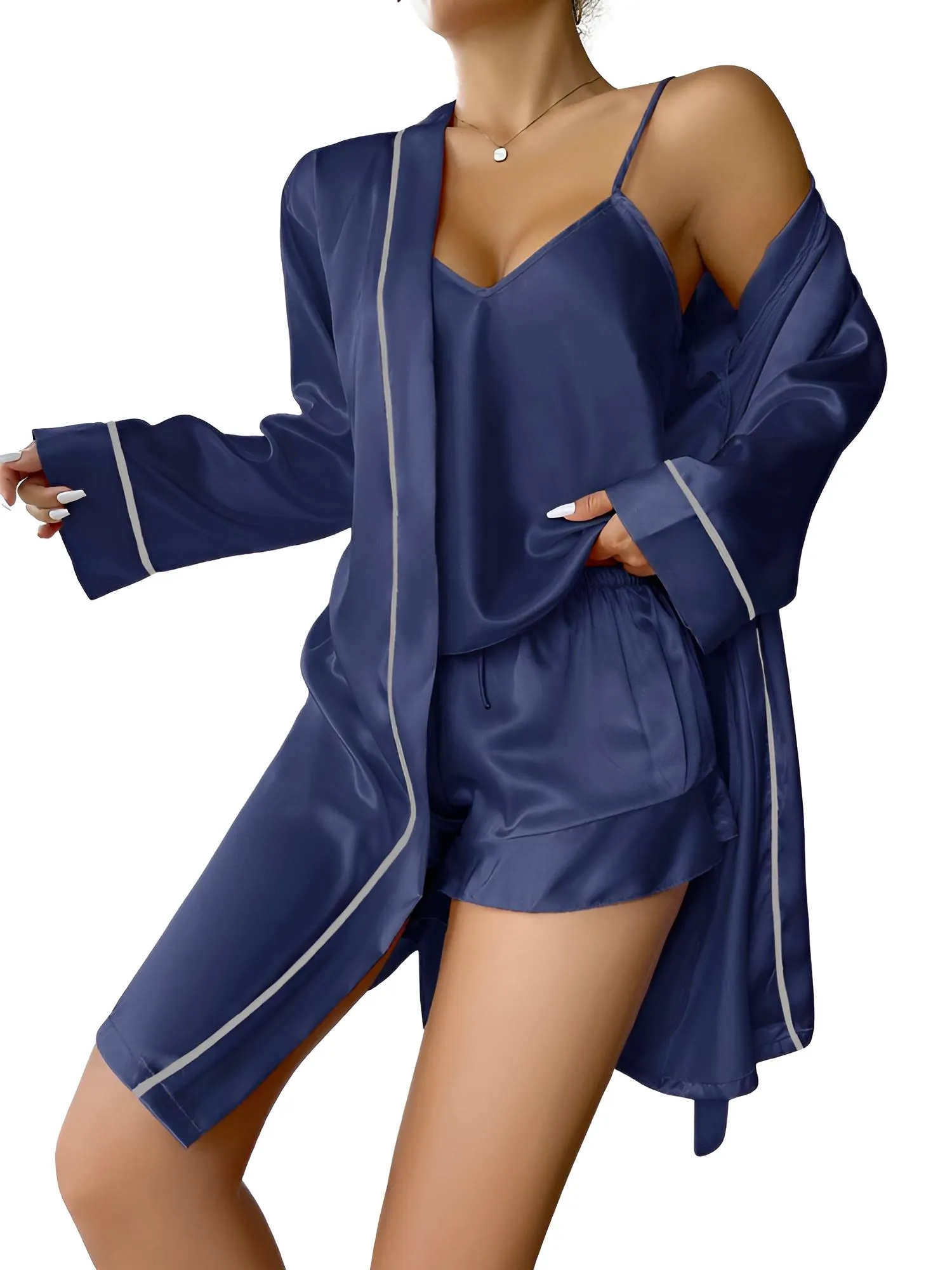 Satin Pajama Set Long Sleeve Belted Robe   Cami Top And Shorts Women's Sleepwear
