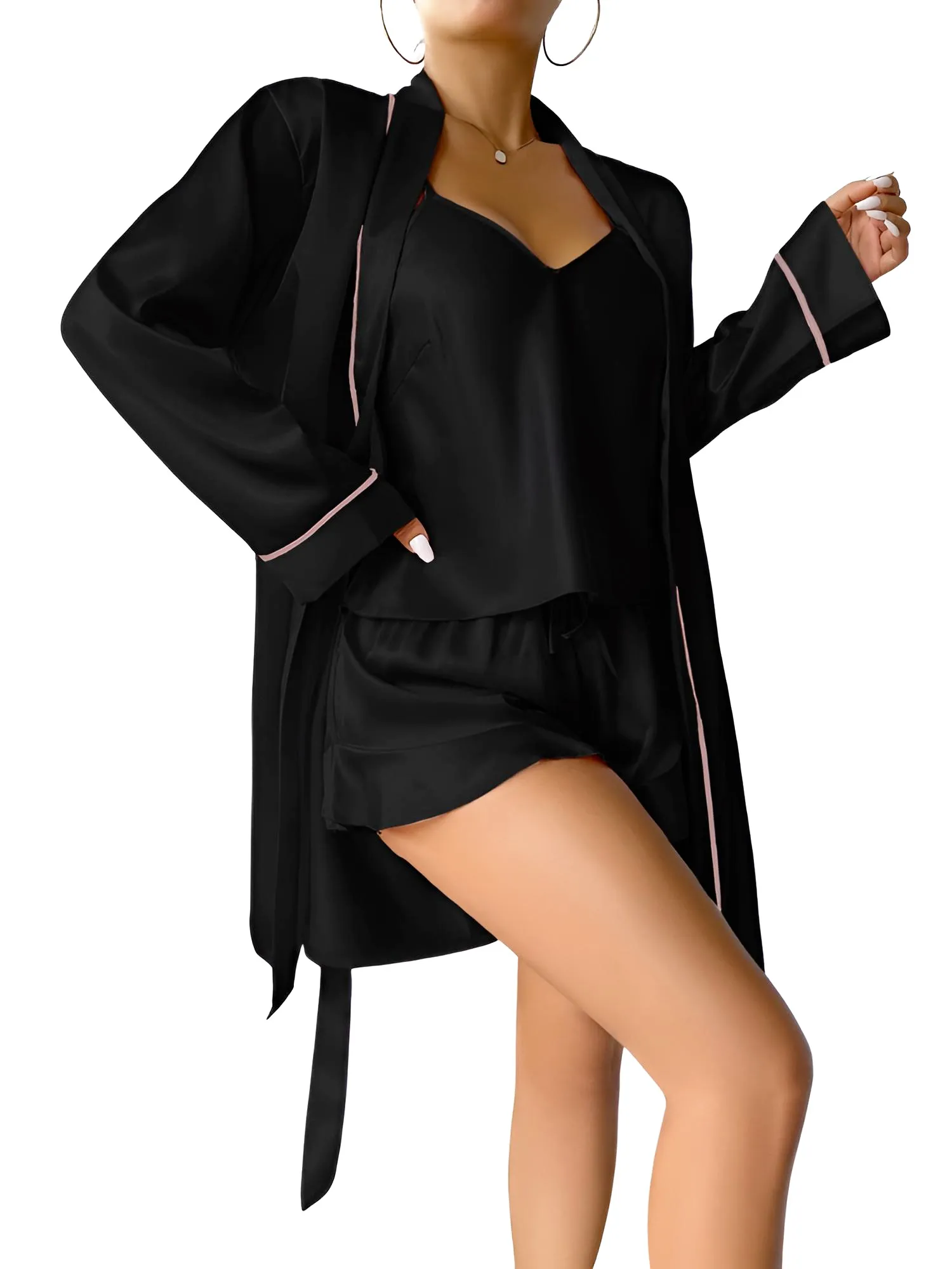 Satin Pajama Set Long Sleeve Belted Robe   Cami Top And Shorts Women's Sleepwear
