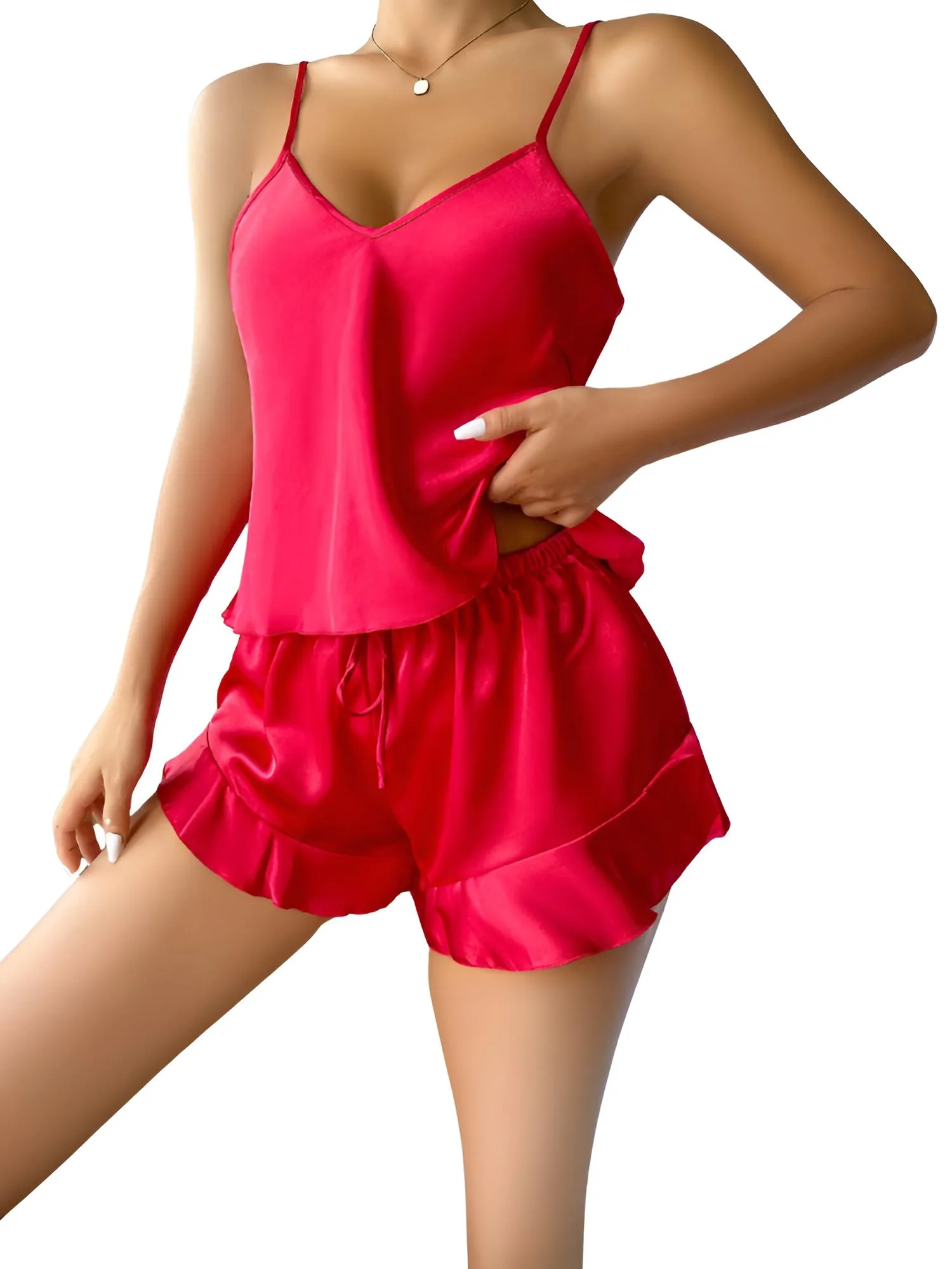 Satin Pajama Set Long Sleeve Belted Robe   Cami Top And Shorts Women's Sleepwear