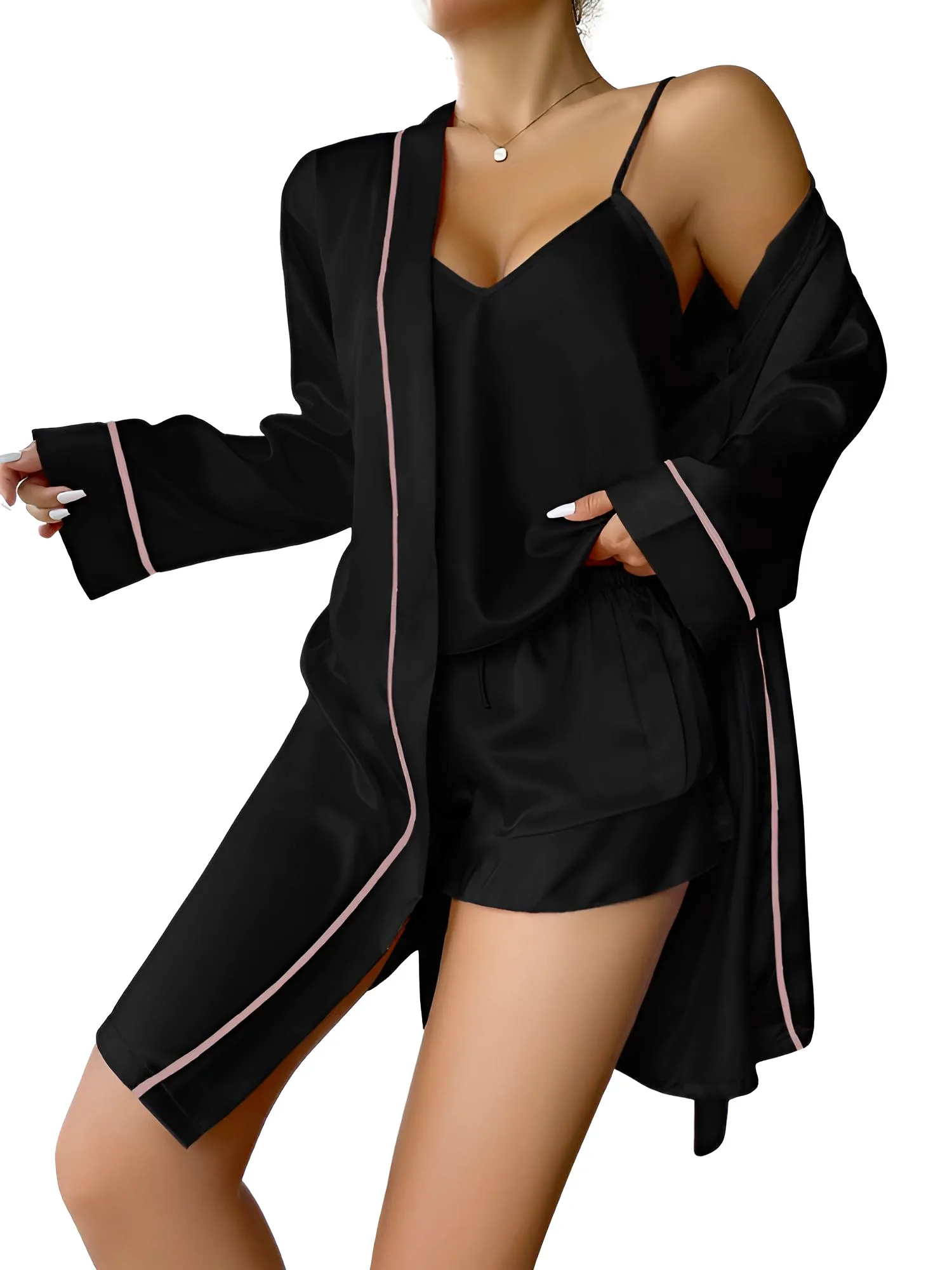 Satin Pajama Set Long Sleeve Belted Robe   Cami Top And Shorts Women's Sleepwear