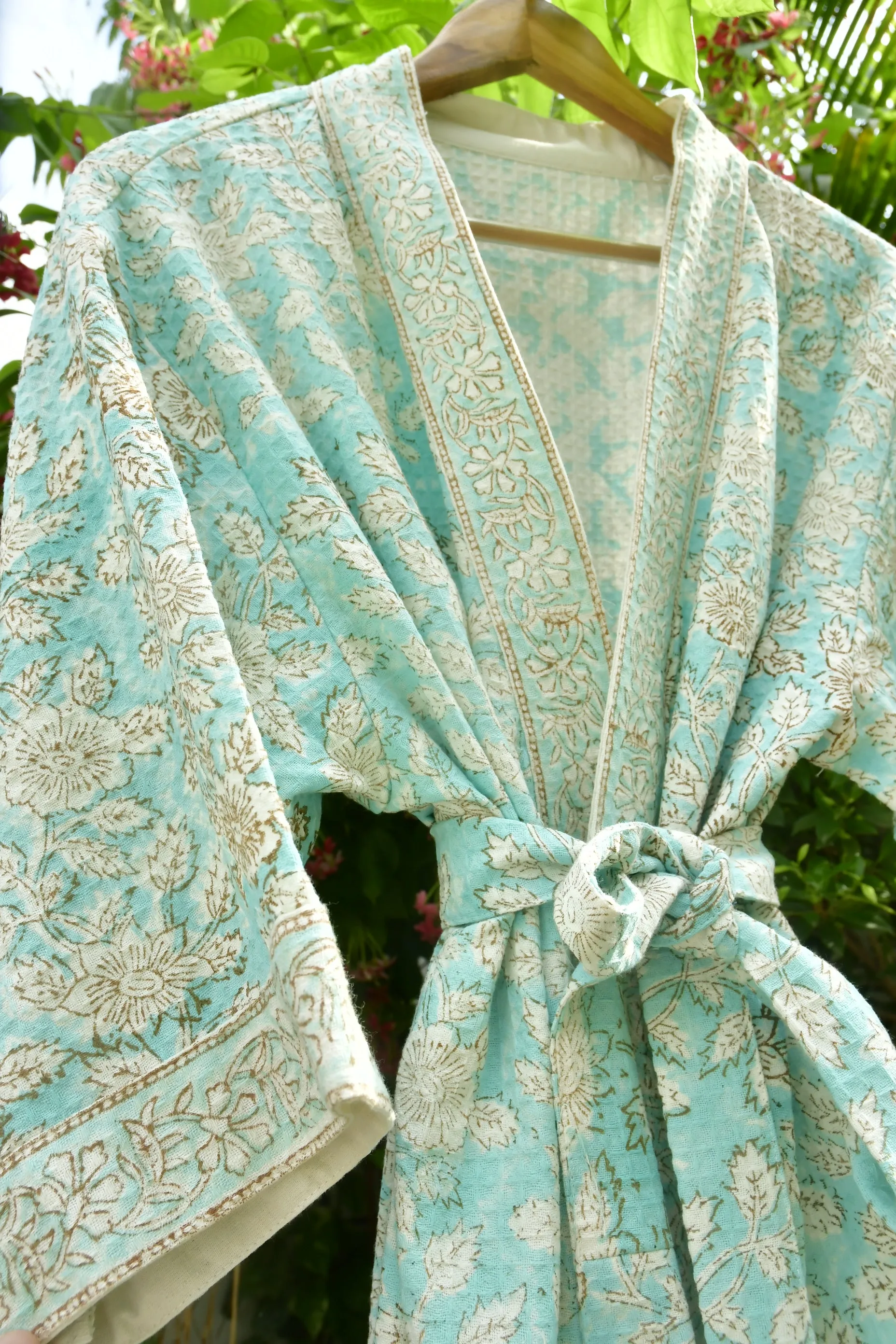 Sea Green floral Waffle Cotton Bathrobe (Eco-Friendly Luxury)