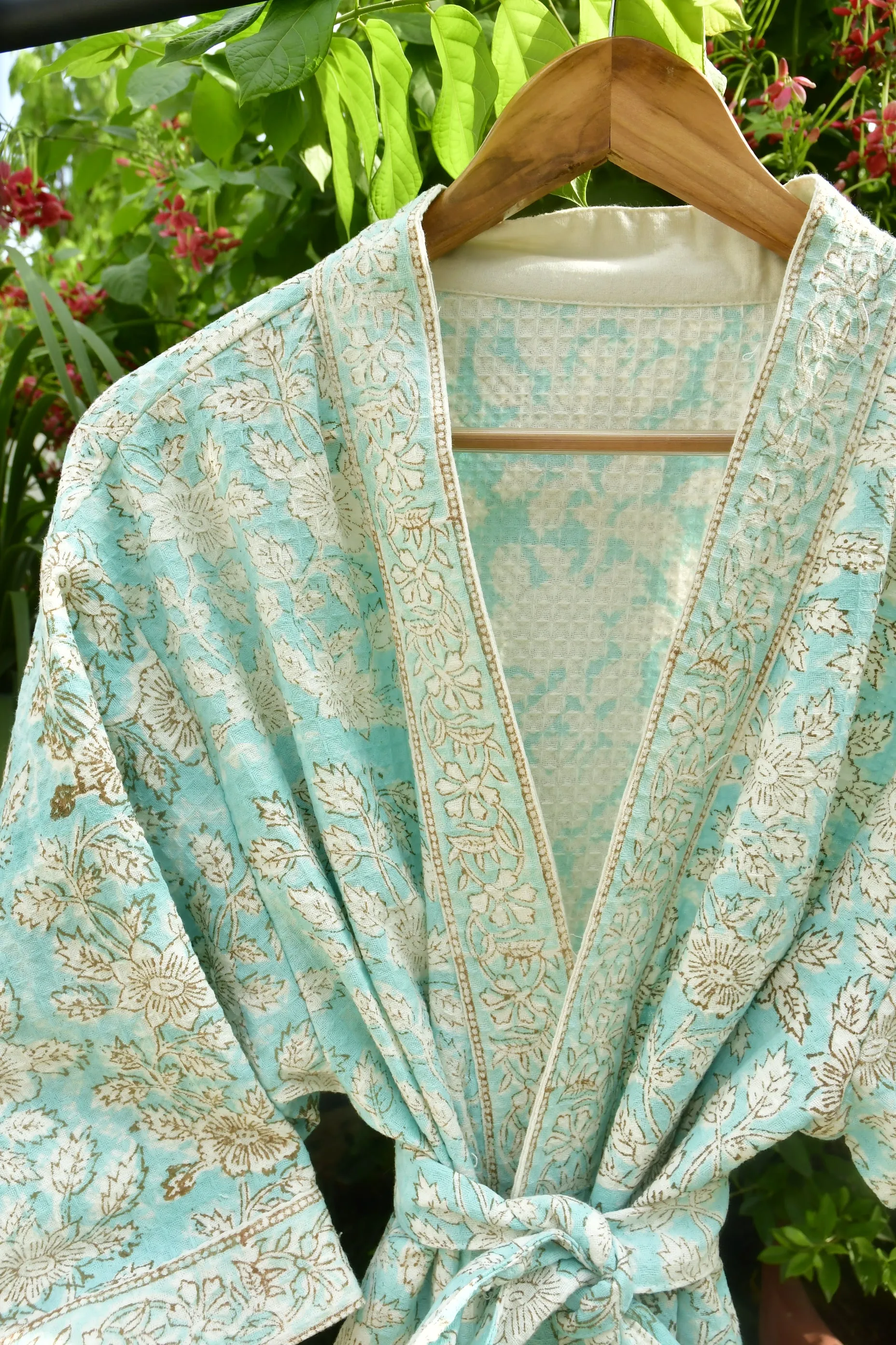 Sea Green floral Waffle Cotton Bathrobe (Eco-Friendly Luxury)