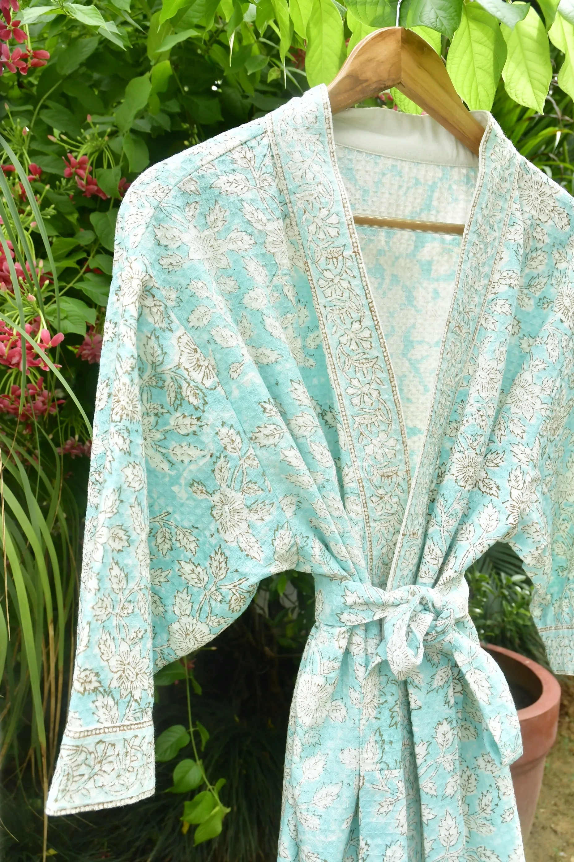 Sea Green floral Waffle Cotton Bathrobe (Eco-Friendly Luxury)