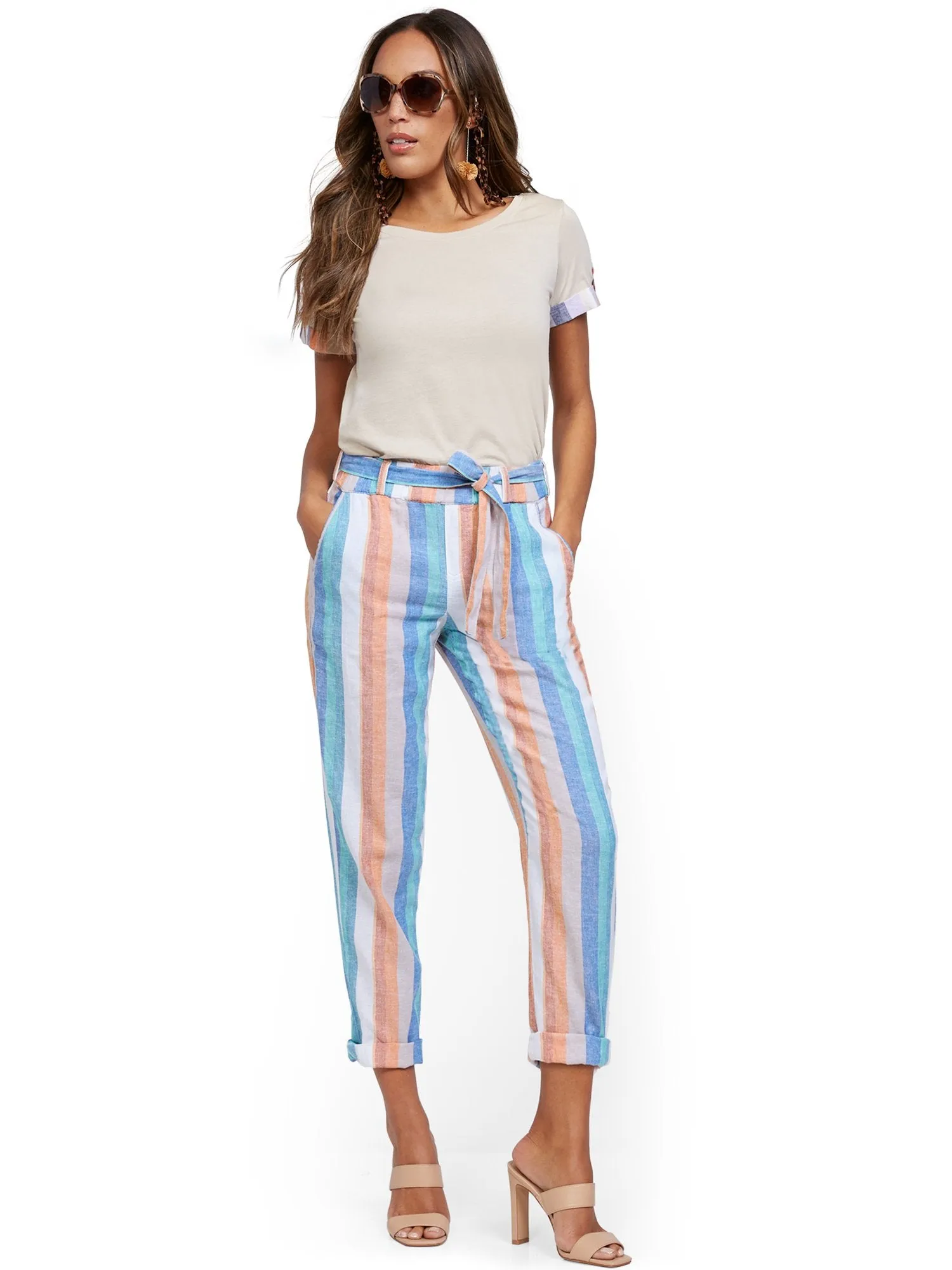 Stripe Linen Belted Boyfriend Pant
