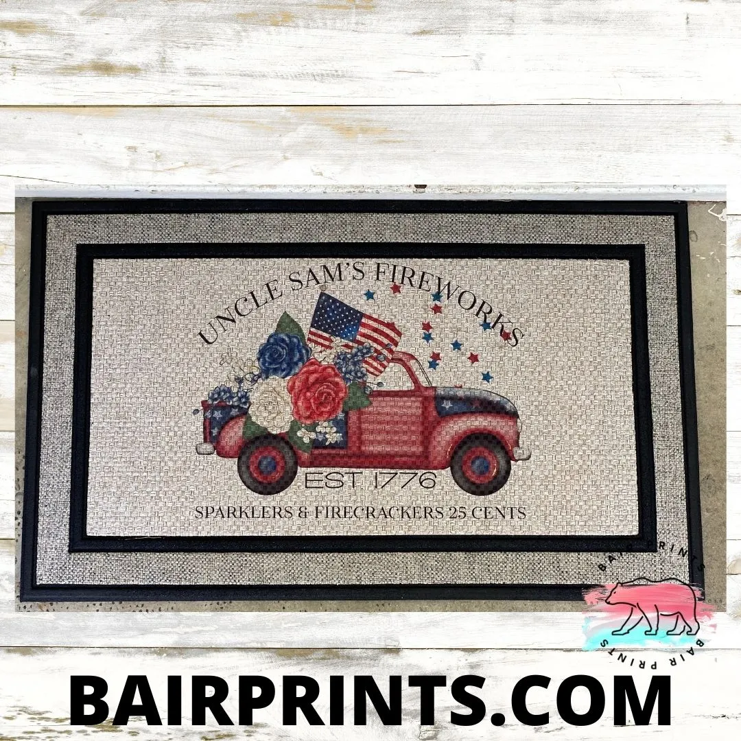 Uncle Sams Firework Outdoor Mat. Cute Patriotic Entryway Mat.