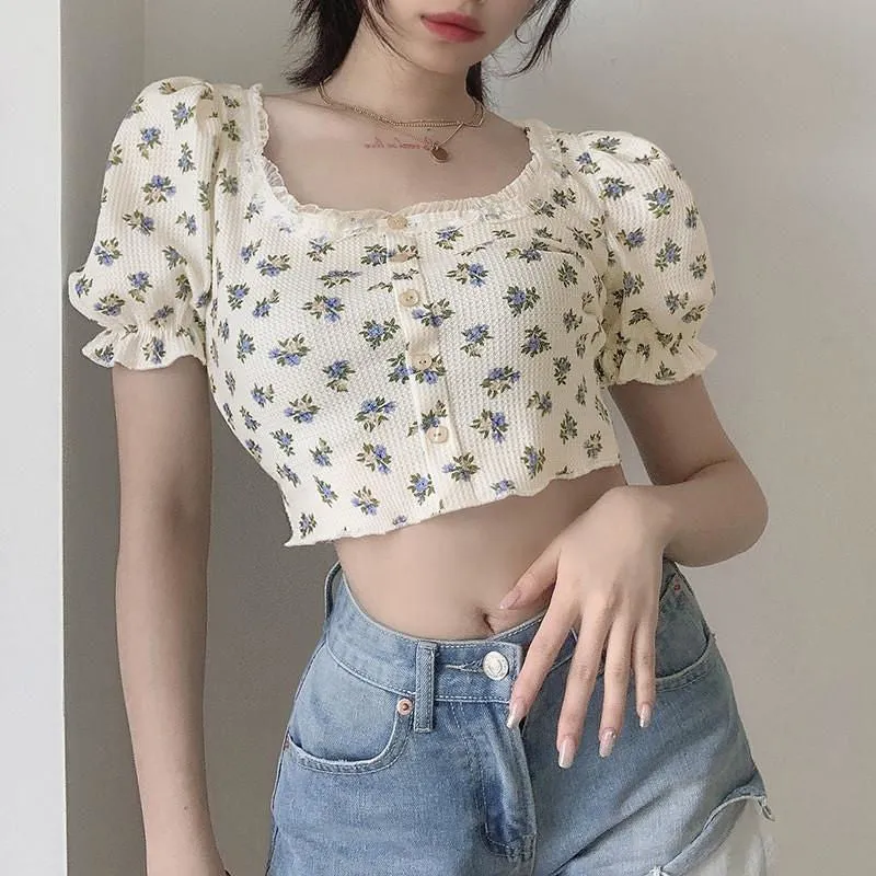 Vintage Floral Print Tops