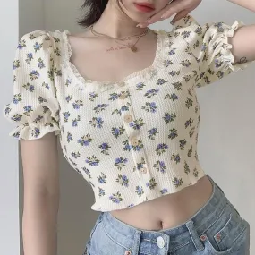 Vintage Floral Print Tops