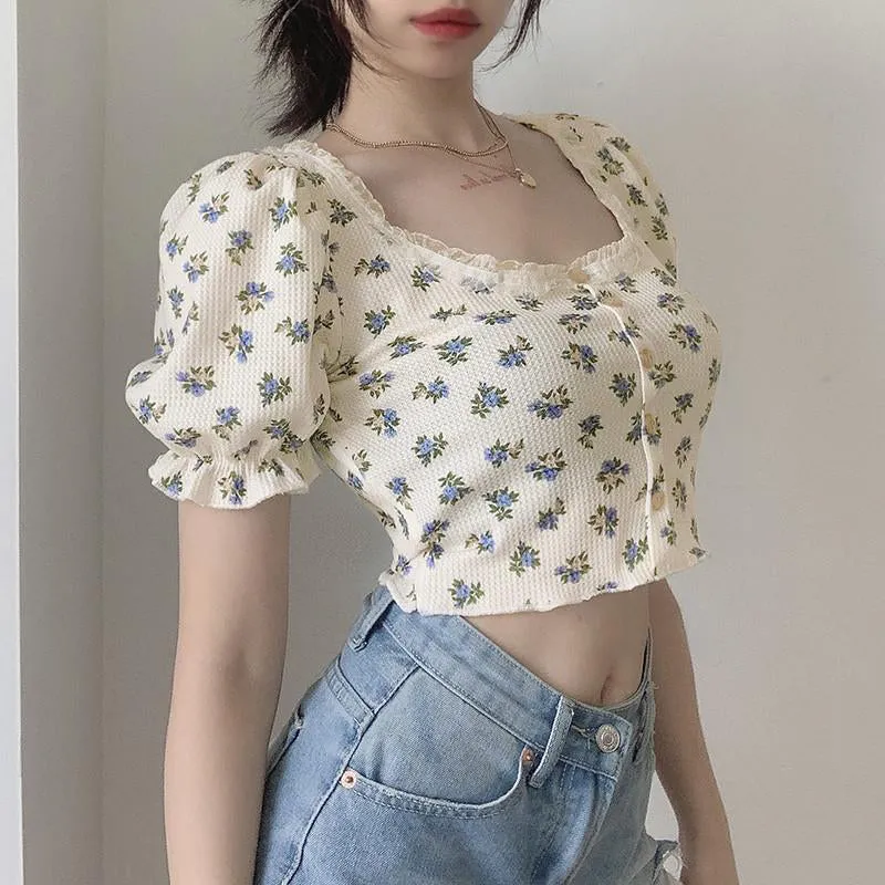 Vintage Floral Print Tops