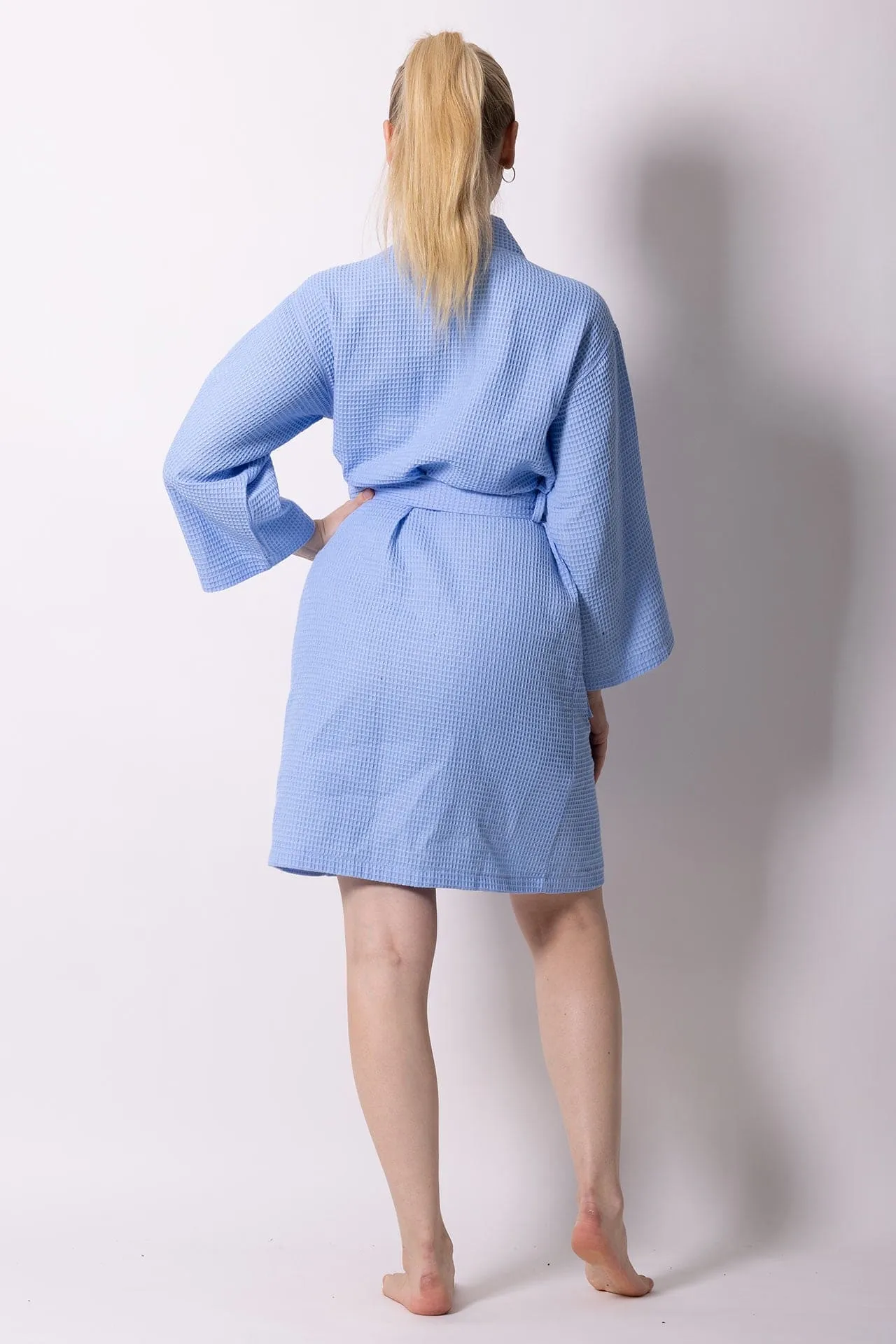 Women's Waffle Cotton Turkish Kimono Bathrobe, Stylish Knee Length Robe & Comfort, (Serenity Blue)