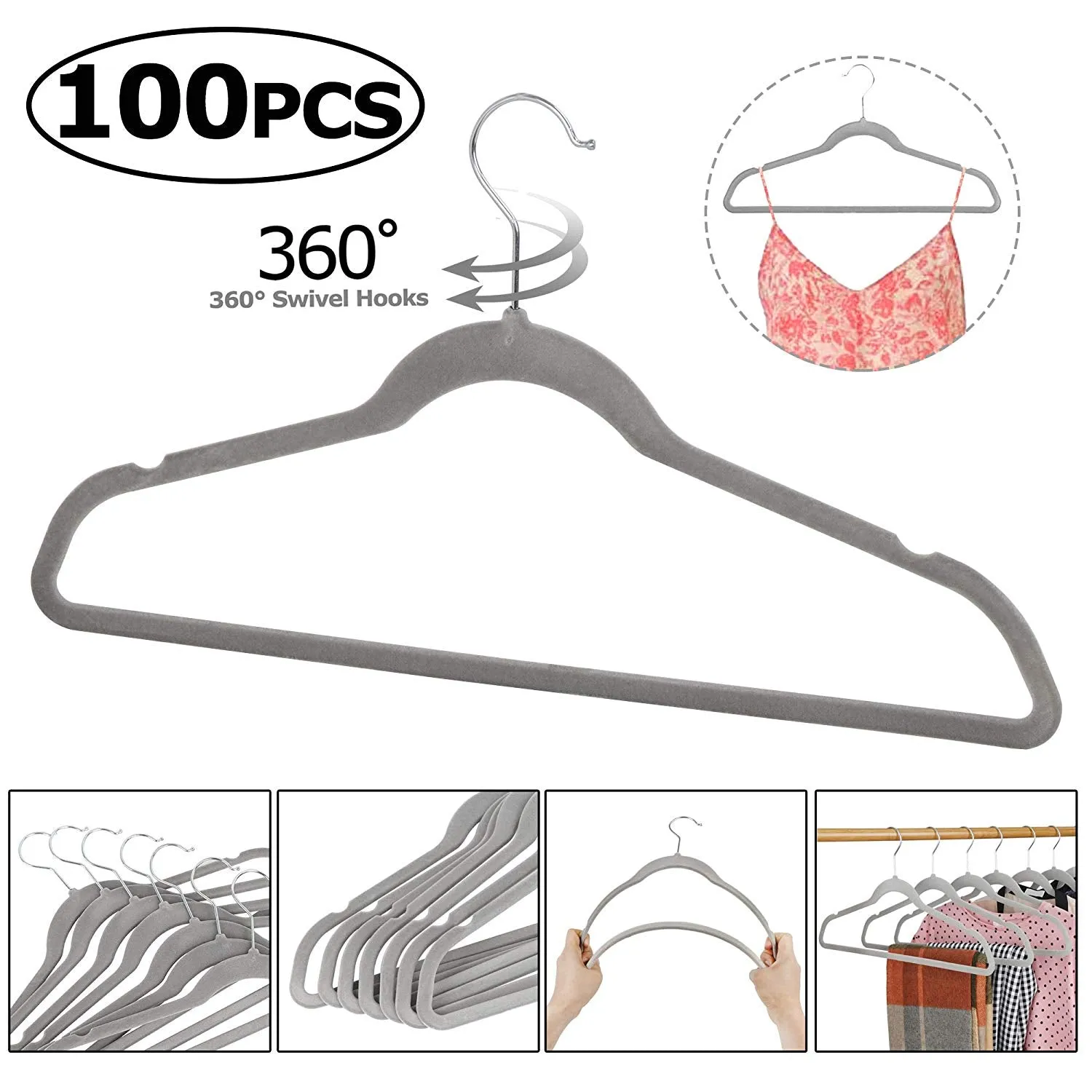 ZENY™ Pack of 100 Premium Velvet Hangers Non Slip Velvet Suit Hangers 360° Swivel Hooks, Grey/Beige