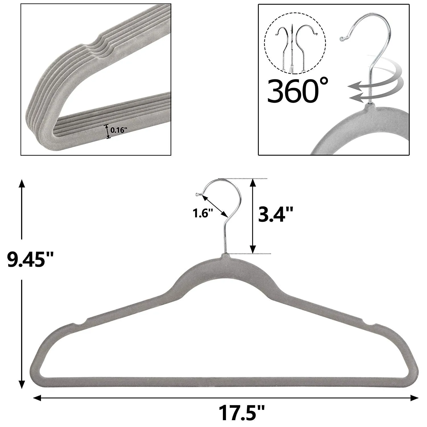 ZENY™ Pack of 100 Premium Velvet Hangers Non Slip Velvet Suit Hangers 360° Swivel Hooks, Grey/Beige