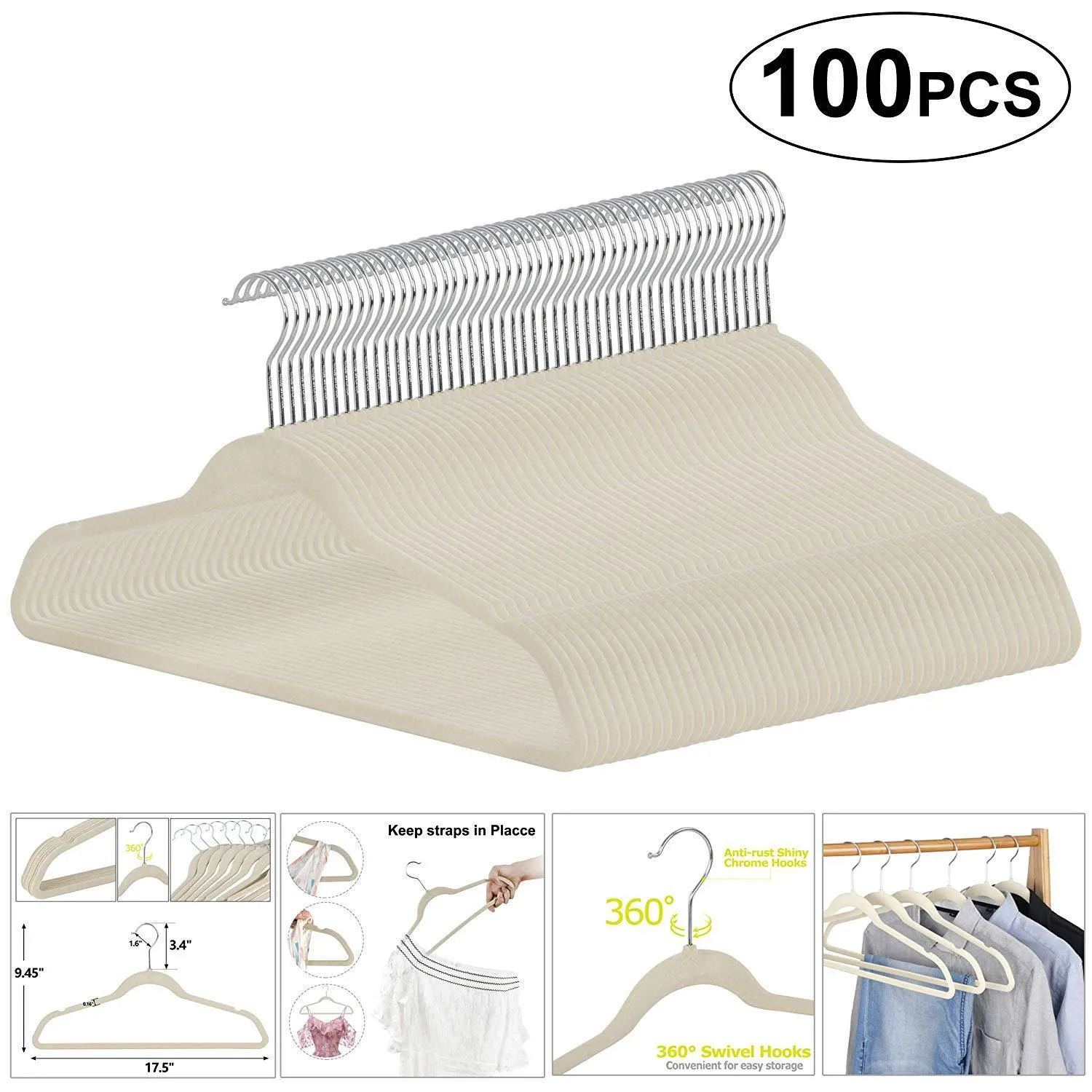 ZENY™ Pack of 100 Premium Velvet Hangers - Non Slip Velvet Suit Hangers - 360° Swivel Hooks (Grey/Beige)