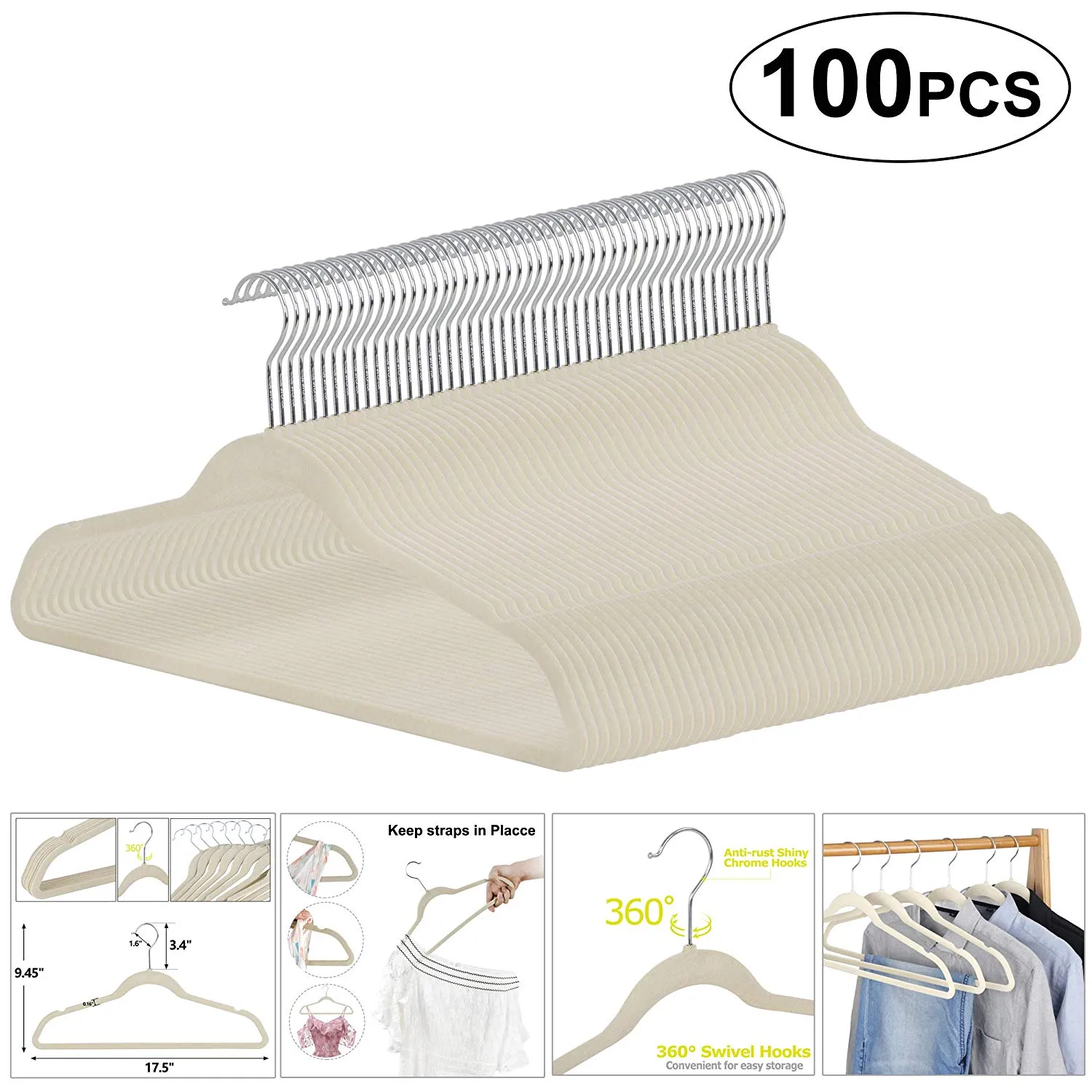 ZENY™ Pack of 100 Premium Velvet Hangers Non Slip Velvet Suit Hangers 360° Swivel Hooks, Grey/Beige