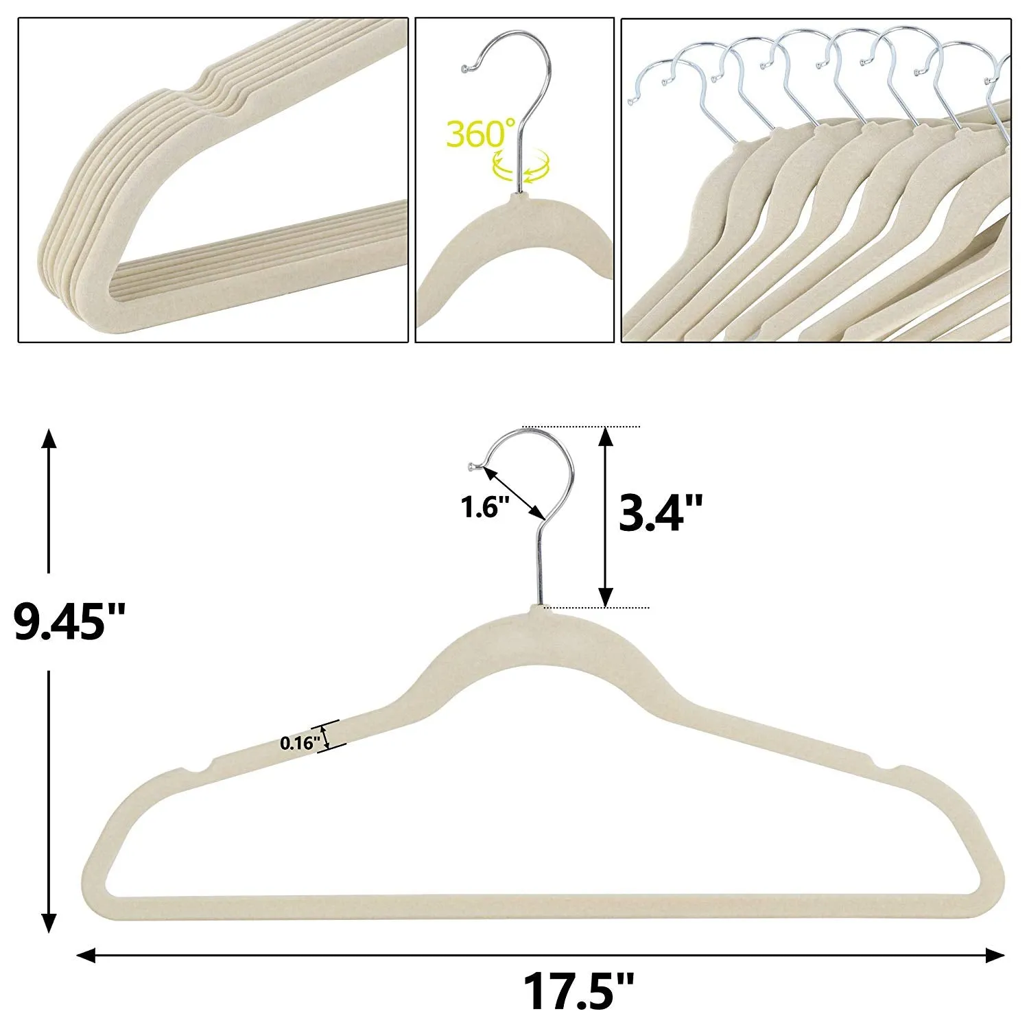ZENY™ Pack of 100 Premium Velvet Hangers Non Slip Velvet Suit Hangers 360° Swivel Hooks, Grey/Beige