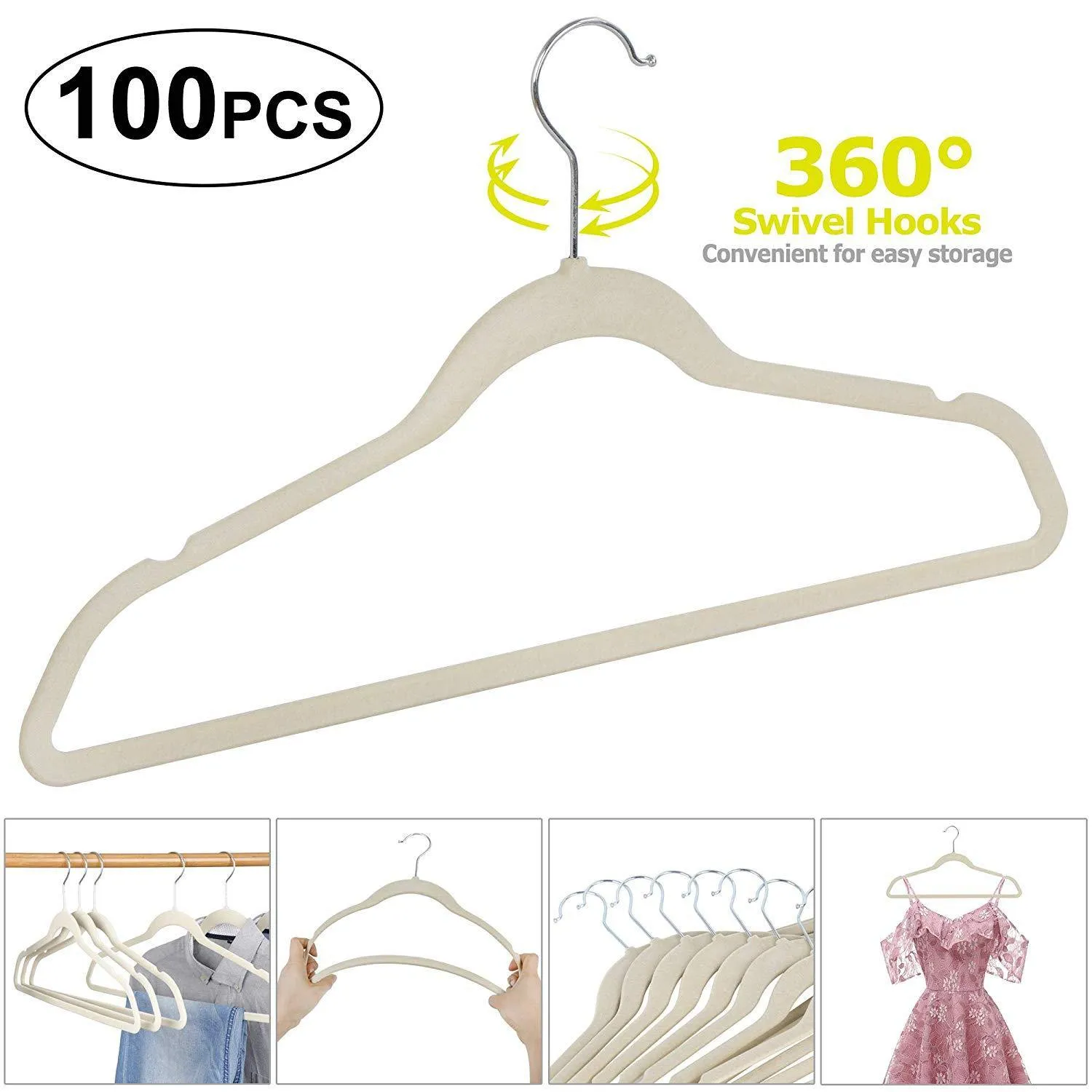ZENY™ Pack of 100 Premium Velvet Hangers - Non Slip Velvet Suit Hangers - 360° Swivel Hooks (Grey/Beige)